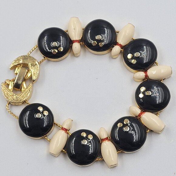 Vintage Bowling Ball & Pin Bracelet 7" Retro Sports Charm Jewelry - Picture 1 of 10